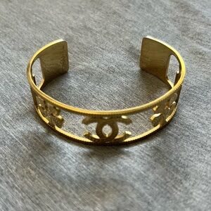 Chanel Gold Tone CC Clover Cutout Open Cuff Bracelet Stainless Steel Designer